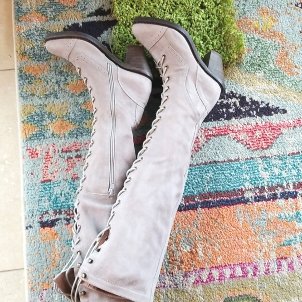 JEFFREY CAMPBELL FREE PEOPLE Over The Knee OTK JOE Grey Lace Up Heels Boots 8.5 - Picture 9 of 16